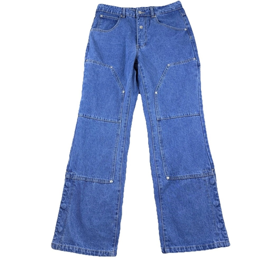 Mens Denim Cargo Jeans Blue Medium Wide Leg‎ Snaps Streetwear Utility Y2K Skater